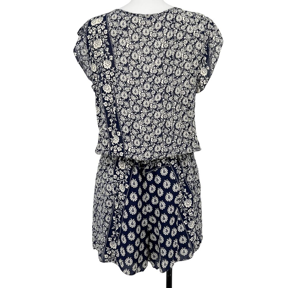 Gypsy 05 Romper Large Navy Blue White Mixed Print Floral Lace Up Beaded NEW BOHO - Picture 2 of 8